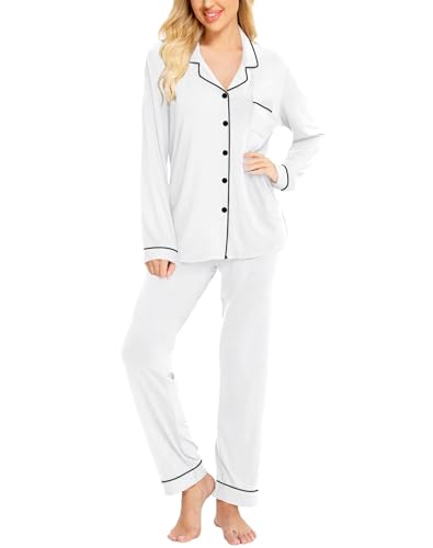 Image of SWOMOG Womens Pajamas Set Long Sleeve Sleepwear Button Down Nightwear Soft Cotton Pj Lounge Sets