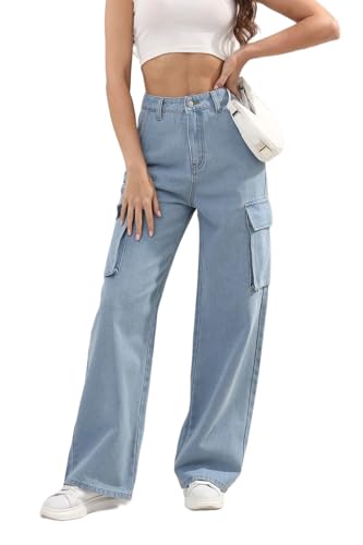 Women's High Waisted Baggy Cargo Jeans Stretch Wide Leg Loose Fit Denim Pants Y2K Streetwear with Pockets for Teen Girls