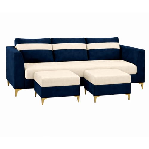 Image of FURNY Nova 5 Seater L Shape Sofa Set with 2 Movable Ottoman | Flexible Left or Right Layout | Plush Velvet Fabric (Dark Blue-Cream) | Perfect for Living Room, Guest Room & Office