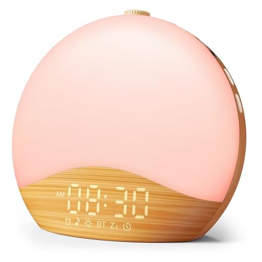 ecozy Wood Grain Sunrise Alarm Clock, White Noise Sound Machine, Music-Sync Lights, Upgraded Backlit Buttons for Bedrooms, 26 Soothing Sounds, 17 Night Lights, Wake Up Light for Heavy Sleepers