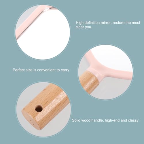 Espejo de maquillaje portátil con mango de madera rosa miniatura 5