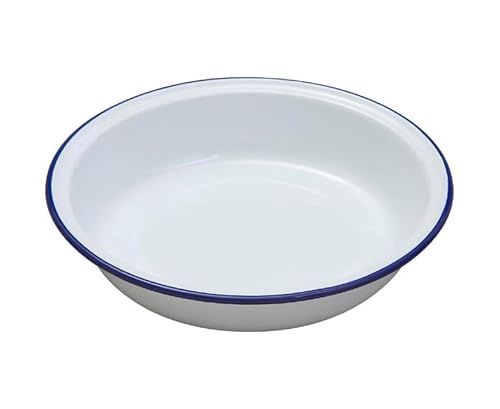 Premium Traditional Enamel White Blue Trim Dinnerware - Set Includes Rice Plate, Blue Trim Pasta Plate, Bowl, Soup Bowl, Round Pie Dish (16cm)