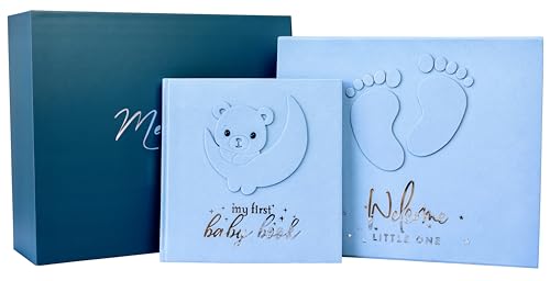 Image of Handmade Baby Memory Book, Scrapbook AND Photo Album with Keepsake Box, Hand & Footprint Kit included, Baby's First Year, Journal, For Newborn 0-12 Months (Teddy Bear Boy, Blue)