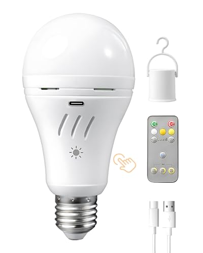 Dufuso Lampadina con Batteria da 2600mAh, E27 7W Lampadina con Telecomando e Regolazione Tattile, Lampadina LED Ricaricabile USB-C, Luce emergenza portatile per esterno e casa(3000/4000/6000K)