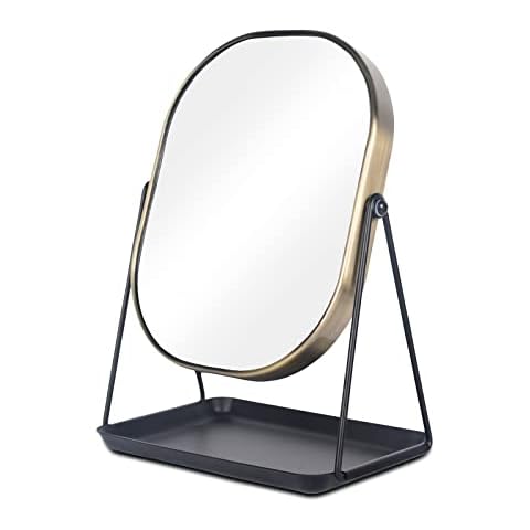 Nicesail Vanity Mirror with Tray Base- 1X/3X Magnification Double Sides, Brushed Antique Brass, Oval Cosmetic Mirror Tabletop Cover