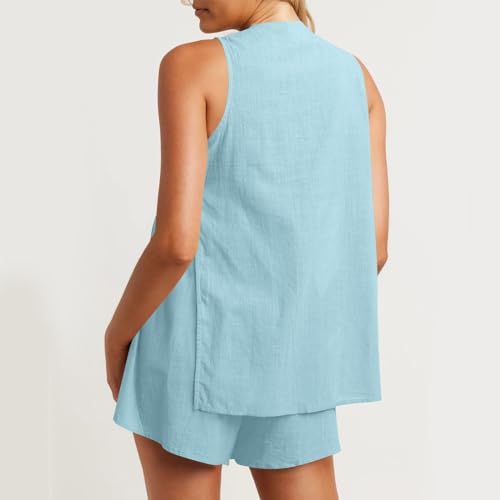 Co Ords for Women Ladies Linen Coords Sleeveless Button Down Waistcoat Tank Tops & Wide Leg Shorts Ladies Leisure Suits UK Sets 2 Piece Outfits Summer Tracksuits Holiday Airport Outfits Light Blue - Image 5