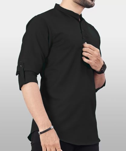 Image of DEEMOON Men's Regular Fit Solid Sprad Collar Casual Shirt with a Trendy Mandarin Collar Crafted from a Premium Cotton Blend