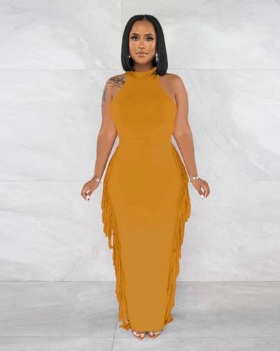 Image of YUEWOO 2 Piece Outfits for Women Sexy Crop Top Ruched Bodycon Maxi Dresses Fringe Skirt Sets Night Club Jumpsuits