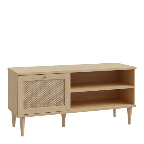 Rattan TV Unit Provençal Style Oak Effect with Damage-Resistant Edging and Smooth Closing Mechanism
