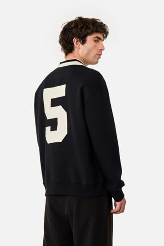Image of SNITCH Men's Sweatshirt | Oversized Fit Pullover with Embroidered Logo & Contrasting Striped Polo Collar | Stylish Polyester Cotton Blend Casual Wear