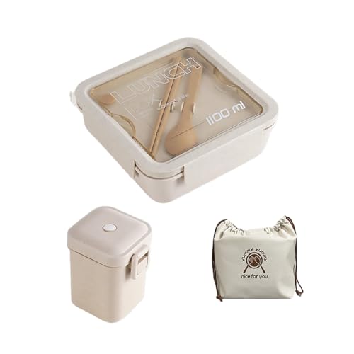 AIMALL Wheat Fibre Lunch Box Set with Bento Bag and Soup Cup 3PCS or Single Box Option Microwave Safe Compartment Bento Container for School Office Picnic Beige Colour