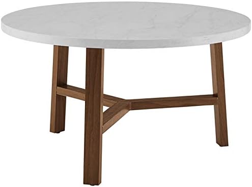 Walker Edison Mid Century Modern Round Coffee Table Living Room Accent Ottoman Storage Shelf, 30 Inch, Marble and Acorn