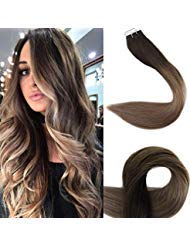 【Promotion】Full Shine 24"Seamless Skin Weft Hair Extension Ombre Tape Hair Extensions Balayage Hair Extensions Color #2 Fading to #6 and #18 Ash Blonde Highlighted Tape Hair Extensions50g 20 Pcs