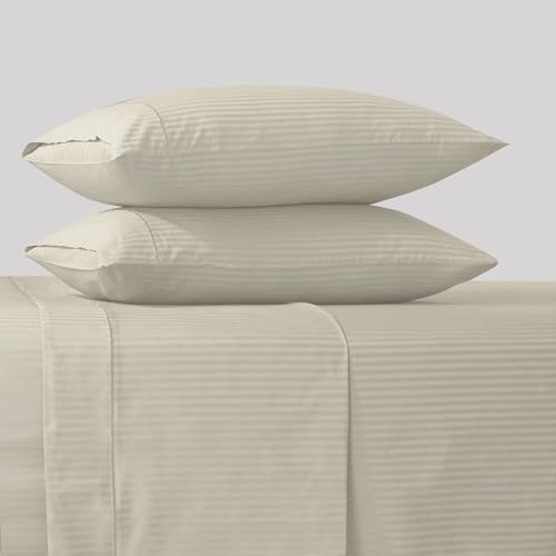 Image of Feather & Stitch 500 TC Full Size Damask Bed Sheet Set, 100% Cotton Soft Breathable Bedsheets, 4 Piece 18 inch Deep Pockets Sateen Weave Striped Bedding Mattress Resort Hotel Luxury- (Beige Stripe)