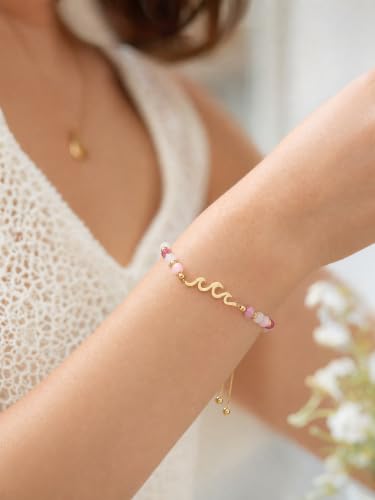 Image of Adjustable Natural Stone Bead Bracelet,Birthday Gift | Natural stone and 18K gold-plated copper adjustable wave bracelet ,birthday gift for family, friends and bestie