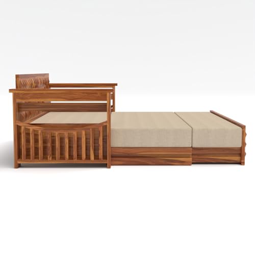 Image of Kunjal Furniture Solid Sheesham Wood Sofa Cum Bed with Storage for Living Room | Natural Finish | 3-Seater Convertible Sofa Bed | Handmade Wooden Furniture (Natural, Diamond)