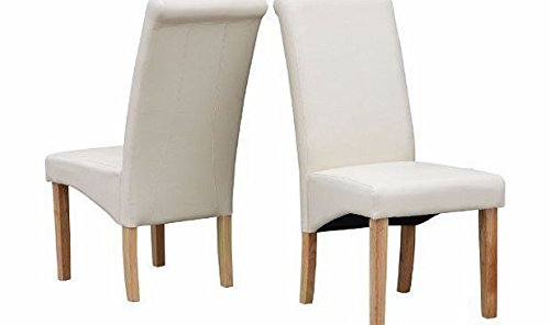 Folkbury Set of 2 Dining Room Chairs, Premium PU Leather Dining Room Chairs with High Backrest with Solid Oak Effect Legs (Cream/Ivory)
