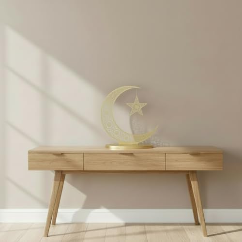 Image of Ramadan Crescent Wooden Moon with Hanging Star Table Decor 12x12 Inch Islamic Decoration for Home Showpiece for Desk, Living Room & Festive Gift Gold Finish Decorative Stand