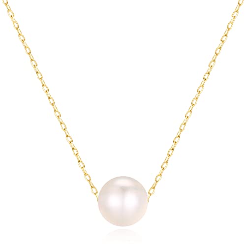 KOKO PEARL JEWELRY] Japanese-Made Floating Single Akoya Pearl Pendant Necklace for Women Real Cultured Pearls with 10K Solid Gold Layered Chain Choker Daily Formal Jewelry Gift nc85