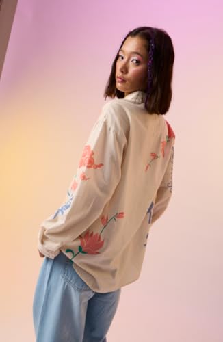 Image of The Souled Store Cotton Linen Shirt: Unbound Women and Girls Long Sleeves Collared Neck Button Front Beige All Over Printed Cotton Linen Boyfriend Shirts