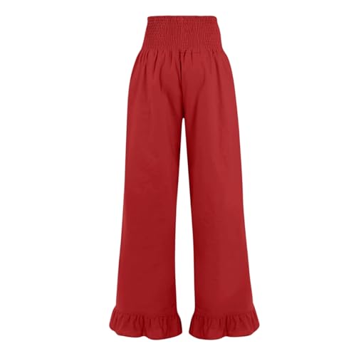 Image of Palazzo Pants for Women Linen Smocked Elastic Waist Ruffle Wide Leg Pants Summer Beach Flowy Boho Pant with Pockets