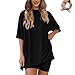 Frunqui Two-Piece Set: Round-Neck Short-Sleeve Drop-Shoulder Casual Oversized Shirt (Summer Solid Casual Outfit with Pockets)