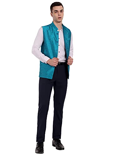 Image of SKAVIJ Mens Embellished Ethnic Wear Nehru Jacket Floral Printed Formal Waistcoat Regular Fit (Small,Turquoise)