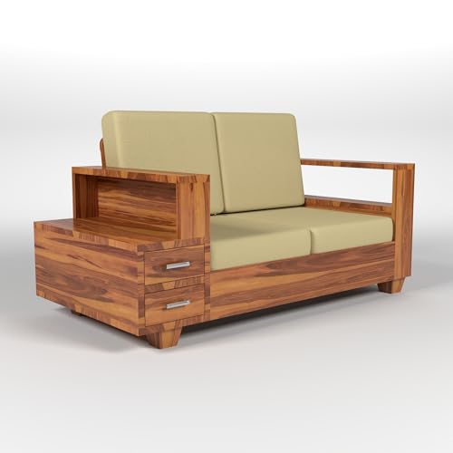 Image of Solid Sheesham Wood 2-Seater Sofa Set for Living Room - Elegant Wooden Sofa Chair with Drawer Storage Sofa Set for Home (Design 21)
