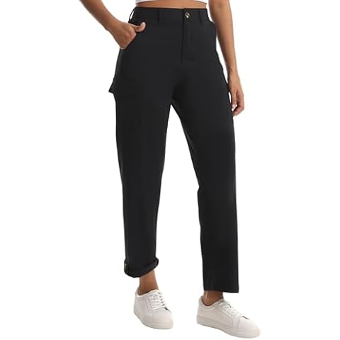 Women's Cargo Capri Pants - Stretch Hiking Cropped Pants with Pockets & Adjustable Hem for Casual Travel Work Golf (Black L) Cover