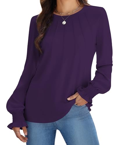 Funlingo Womens Tops Dressy Casual 2025 Fashion Winter Long Sleeve Tunic Tops Crew Neck Loose Fit Western Work Pleated T Shirts Deep Purple L