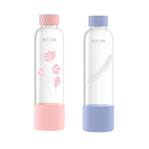 Image of Rioware Purifa Pro Borosilicate Glass Water Bottle With Silicon Sleeve (750Ml) | Airtight Lid | Leak Proof | Silicon Cap | Fridge Water Bottles For Home, Office & Gym -Pack Of 02, Pink&Blue