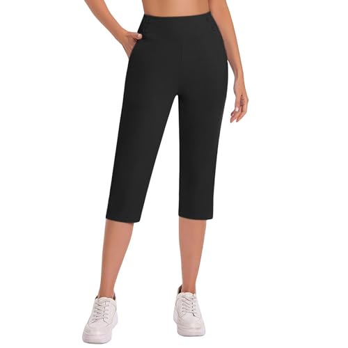Work Pants for Women Summer High Waisted Stretchy Capris Dressy Casual Golf Capri Pants Pull On Slacks with Pockets