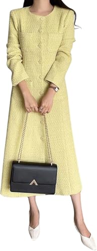 Yancremio Damen Elegant Retro Französisch Klassisch Einreihig Langes Tweed Kleid Mode Rundhalsausschnitt Schlank Chic Langarm Multi-Pocket Kleider...