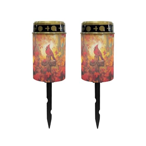 Poceacles Cardinal Cross Maple Leaf Solar Outdoor Lights Solar Grave Candle Solar Cemetery Candles LED Automatic Flameless Candles Cemetery Outdoor Solar Lights for Loss of Dad, Set of 2