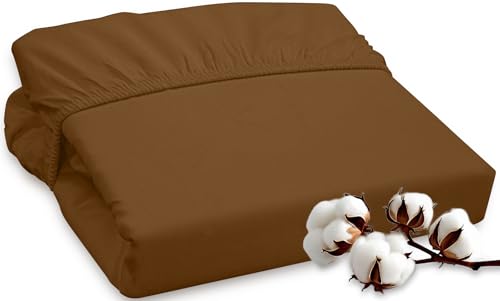 Image of ROYALE LINENS 300 Thread Count 100% Long Staple Combed Cotton Fitted Sheet Queen - Super Soft Deep Pocket Bottom Sheet - Fitted Sheets Only - Elastic Sheets (Queen, Chocolate)