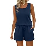 Co Ord - Conjunto completo de chándal de verano para mujer, chaleco de cuello cuadrado y pantalones cortos de pierna ancha, casual, sólido, 2 piezas, trajes de viaje, trajes de ocio, ropa deportiva