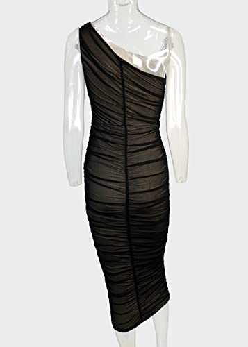 Pofash Women's One Shoulder Sleeveless Mesh Ruched Cocktail Party Midi Bodycon Dress Black Small #TOP4