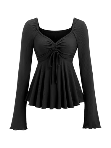 SOLY HUX Women's Long Sleeve Babydoll Tops Y2k Peplum Cute T Shirts