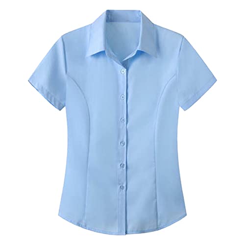 Generisch 2025 Camisa de mujer de manga corta elástica, delgada, transpirable, cómoda, blusas de negocios, elegantes, azul claro, XL