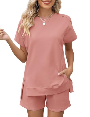 Image of LOMON Womens Fashion 2 Piece Outfits Sweatsuits 2026 Summer Short Sleeve Loungewear Tracksuit Round Neck Lounge Shorts Sets