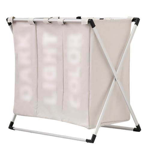 Trieur de linge à 3 sections avec panier amovible en métal naturel