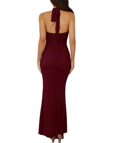 Women's Sexy Halter Backless Maxi Dress Mesh Patchwork Cut Out Sleeveless Bodycon Long Dress Ruched Cocktail Dresses4