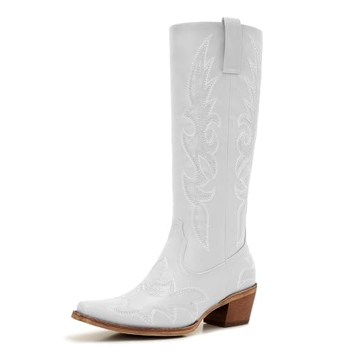 Image of Uillnoodu Women's Turquoise Cowgirl Boots - Wide Calf Mid Calf Western Boots Plus Size Embroidered Cowboy Style with Block Heel