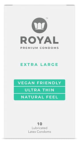 Royal Extra Large Ultra Thin Vegan Condoms For Men - Premium Lubricated Condom - Unflavored Lubricant, Organic Latex Rubber - Odorless, Snug, Natural Feel - Safe & Durable - 10 Pack #TOP25