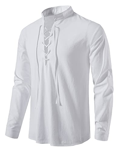 Materiale: questa camicia da uomo medievale è realizzata in 100% cotone, morbida, leggera, traspirante, comoda da indossare. Il colletto casual con lacci e il design vintage lo rendono un classico.