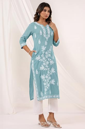 Image of Janasya Women's Pure Cotton Embroidered Straight Kurta