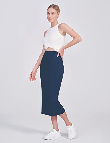 Poshdivah Women's Maternity Skirt Over The Belly Midi High Waisted Solid Stretchy Pregnancy Pencil Skirt Navy Blue Medium #TOP2