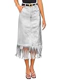 PRETTYGARDEN Women's Metallic Midi Party Skirt Casual High Waisted Fringe Shiny Y2K Long Pencil Skirts Fall Clothes (Silver,10)