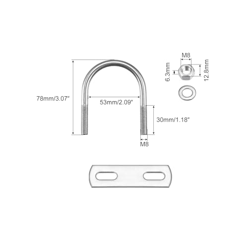 Image of uxcell Round U-Bolts, 2 Sets 53mm(2.09 inch) Inner Width 78mm Length M8 304 Stainless Steel U Clamp Bolt with Nuts Washers and Plates, for Boat Trailer