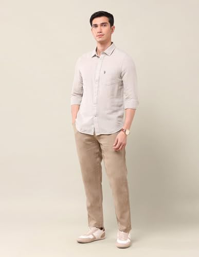 Image of U.S. Polo Assn. Men's Beige Solid Spread Collar Full Sleeve Casual Linen Tailored Fit Shirt